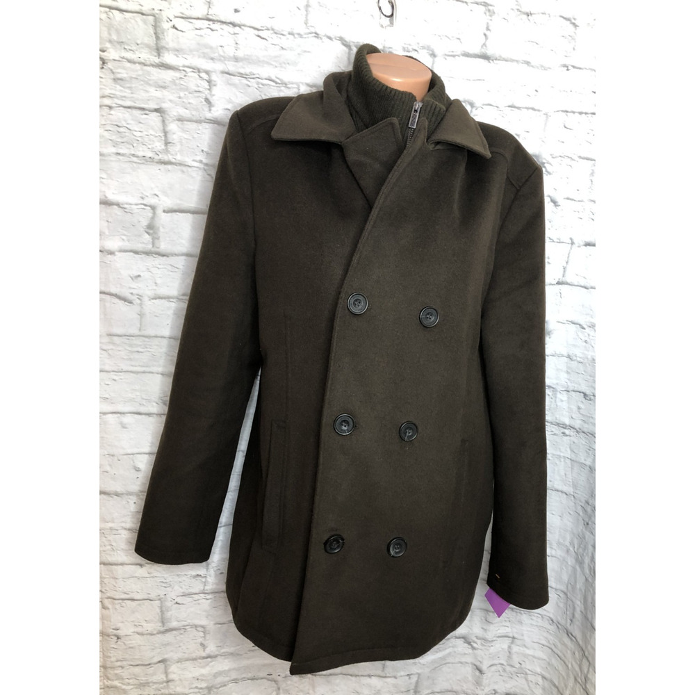 Kenneth Cole Wool Peacoat Mens Large Brown Double Collar Zip Coat Business Coat
